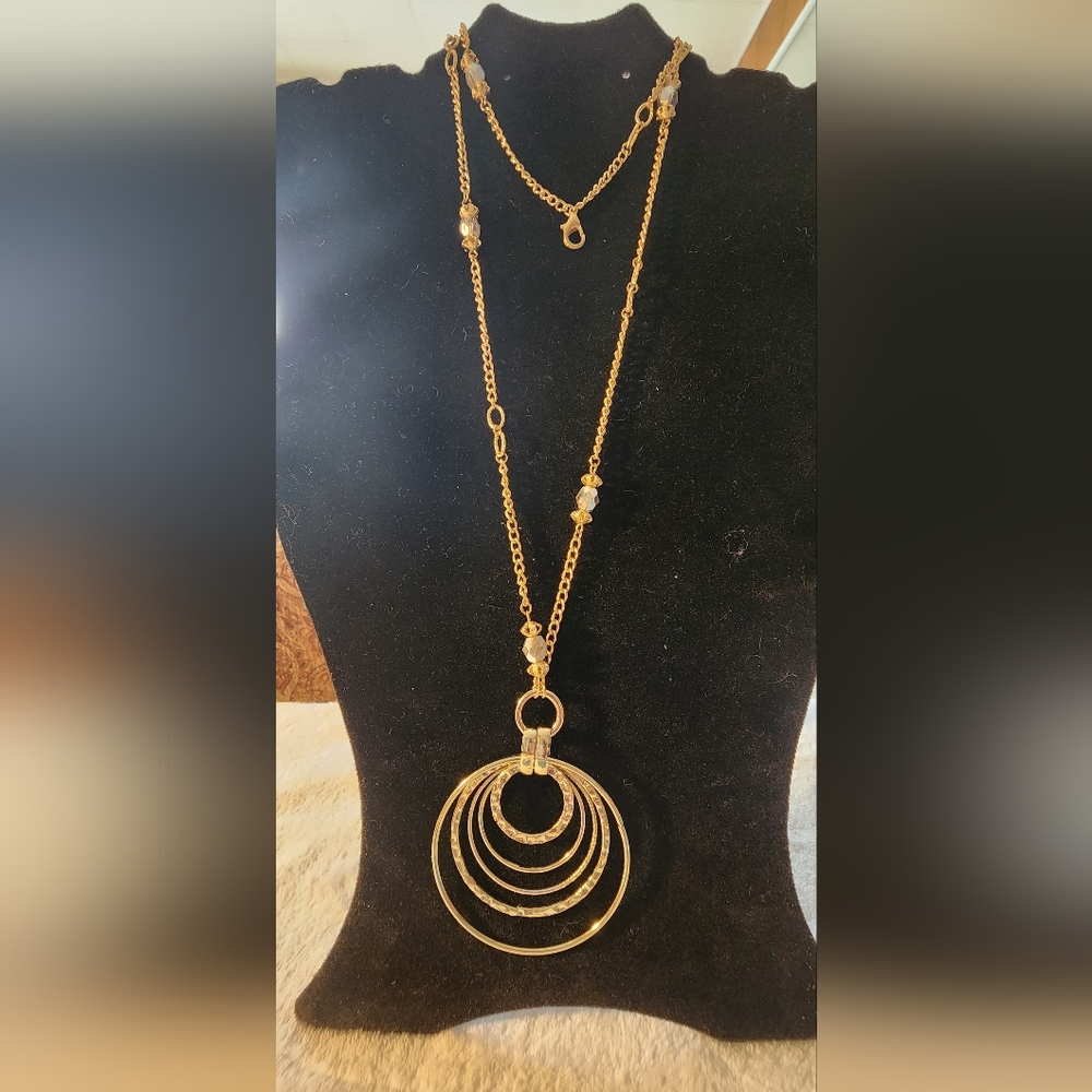 Dressbarn GoldTone Long Necklace with Multi-Circle Pendant & Faceted Bead Accent